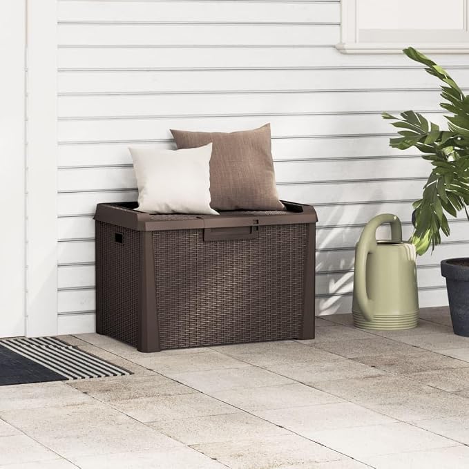 Patio Storage Box Brown 33 Gallon Outdoor Rattan Look PP Plastic Garden Seat Bench for Cushions Pillows Blankets Weather Resistant Lockable