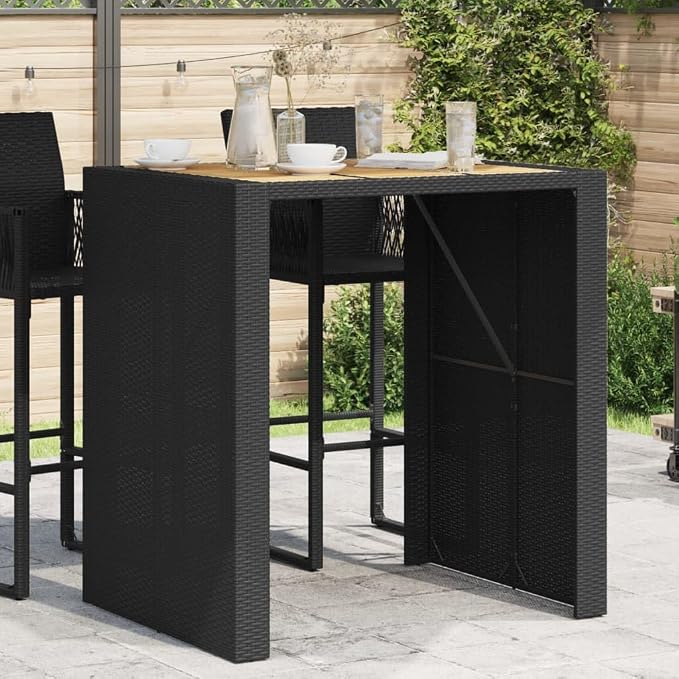 Outdoor Bar Table Black Poly Rattan with Acacia Wood Top, Large Rectangular Patio Furniture for Garden Balcony Terrace, 31.5x41.3x43.3 Inch Steel Frame
