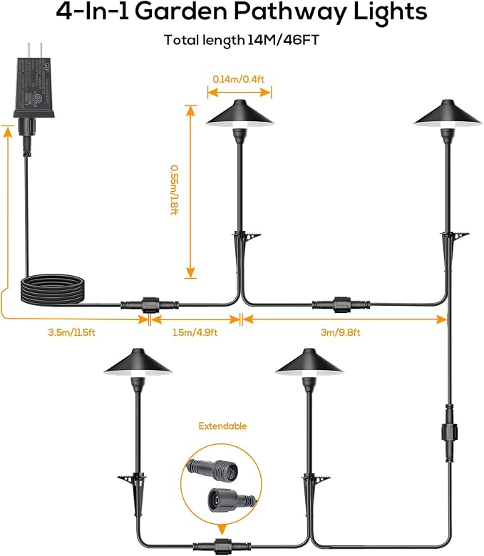 Low Voltage Pathway Lights with Timer, Plug in Landscape Path Light | 4H/6H/8H Timing, 4000K LED Landscape Lighting IP65 Waterproof ETL Listed, Set of 4 Lights Total 12W, Non-Hardwired