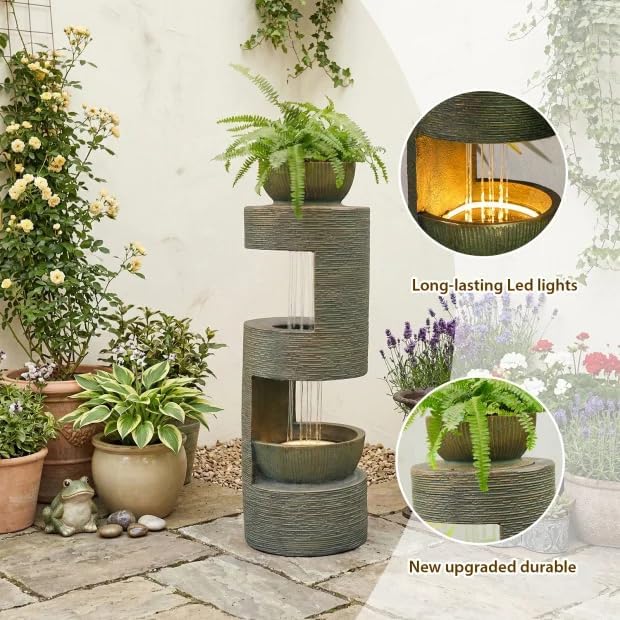 Sunlinua 37.80" H Modern Outdoor Water Fountain Cascading Realistic Rock Waterfall Fountains with LED Warm Lights Outdoor Water Fountain for Garden Patio Backyard Porch Home Decor Gold