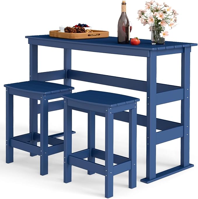 GREENVINES Outdoor-Bar-Set | HDPE Plastic | 3-Piece | 37″ Counter Height Patio Table & 2 Backless Stools | Rectangle | High Top | All Weather | for Backyard Balcony Poolside | Blue