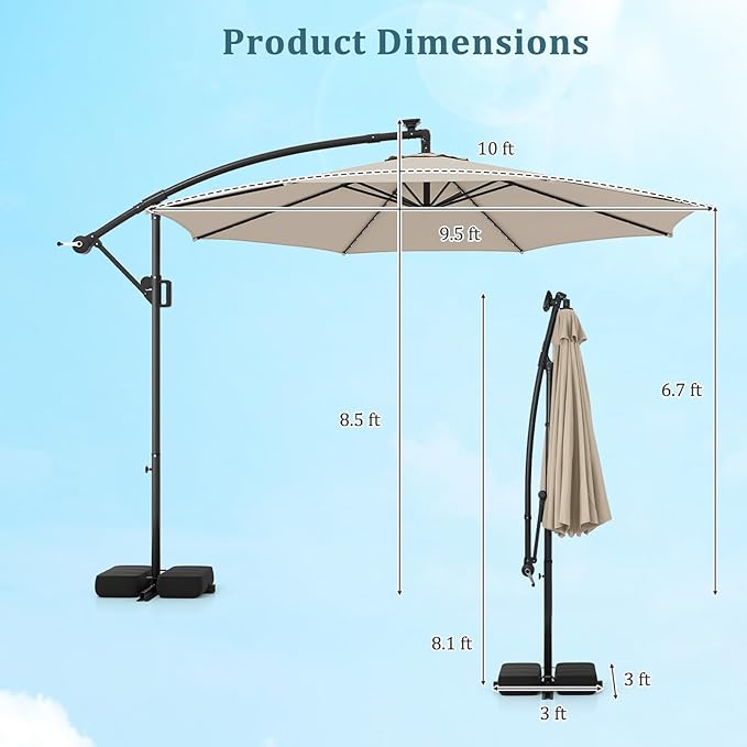 HAPPYGRILL 10 FT Offset Hanging Umbrella with Multi-Colored Flowing LED Lights, 9 Light Modes, Outdoor Patio Cantilever Umbrella with Base, Easy Tilt, 360° Rotation, Crank