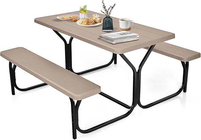 HAPPYGRILL Outdoor Picnic Table Bench Set with Metal Frame, Camping Table Set for Patio Backyard Poolside Garden Dining Party