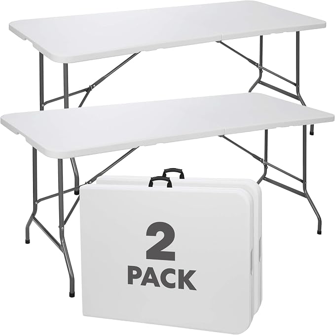 SIMPLI-Magic White Foldable Table (6FT), 2-Pack Indoor/Outdoor Folding Utility Tables with Carry Handle for Parties, Events, Crafts, and Picnics