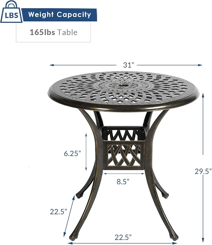 31 Inch Outdoor Dining Table Round Patio Bistro Table Bronze Cast Aluminum Rustic Large Table with Umbrella Hole