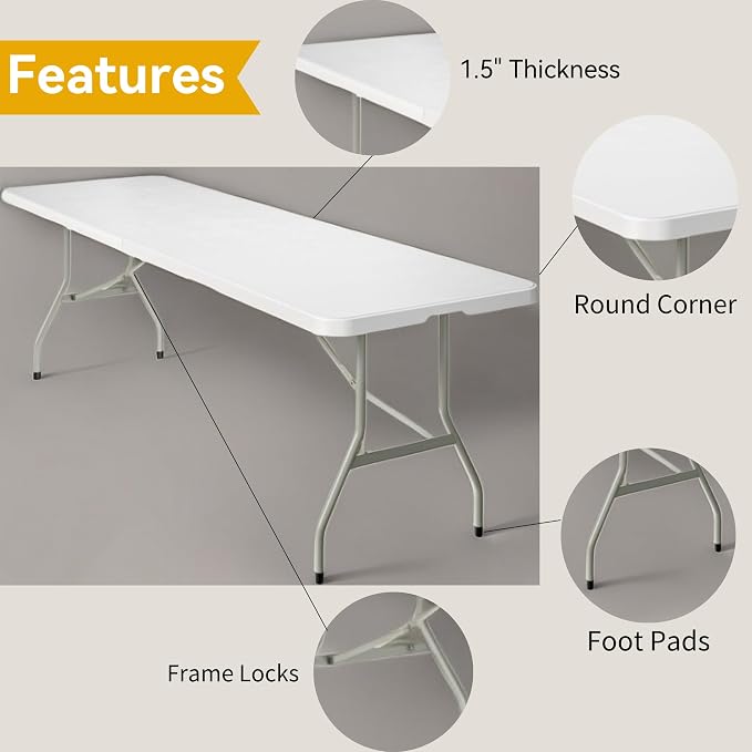 DWVO 8FT Folding Table, Heavy Duty Folding Tables with Carrying Handle, Plastic Fold up Table for Outdoor Camping Picnic Parties, Indoor Events, White
