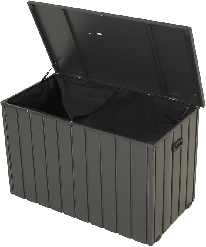 Outdoor Storage Box, 100 Gallon Metal Deck Box Built in a Fabric Storage Bag, Lockable Waterproof Outside Patio Storage Box Gray