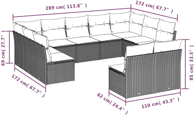 11 Piece Patio Sofa Set with Cushions, Patio Conversation Set Outdoor Sofa Sets Porch Furniture Set Front Porch Furniture for Garden Piazza Exhibition Negotiation Area Black Poly Rattan