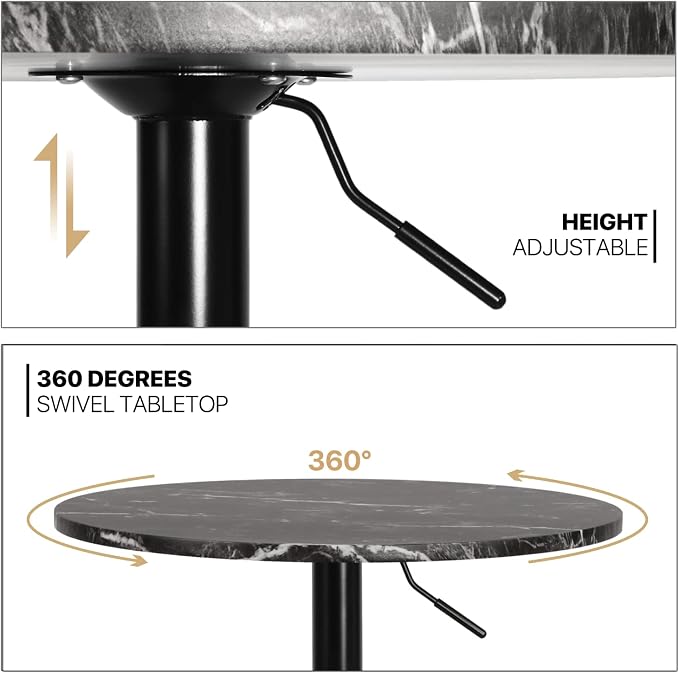 MoNiBloom Round High Top Table, 27.5"- 36" Height-Adjustable Bar Table with Black Marble Texture Top and Black Base, 360° Swivel Cocktail Bar Table Modern Style for Home Kitchen Balcony