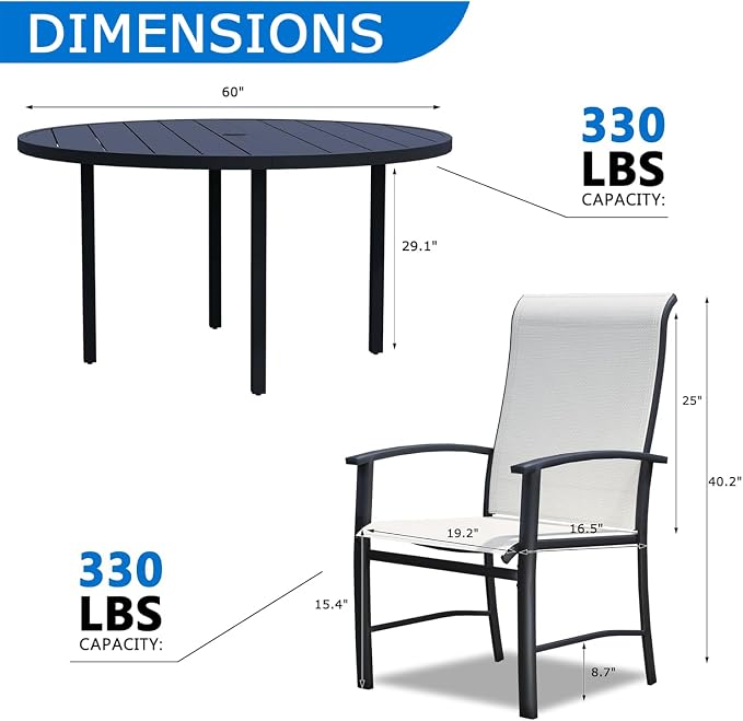 9-Piece Outdoor Dining Set for 8 – 60" Black Round Patio Table with Umbrella Hole & 8 White Outdoor Dining Chairs with Armrests, Large Poolside Furniture