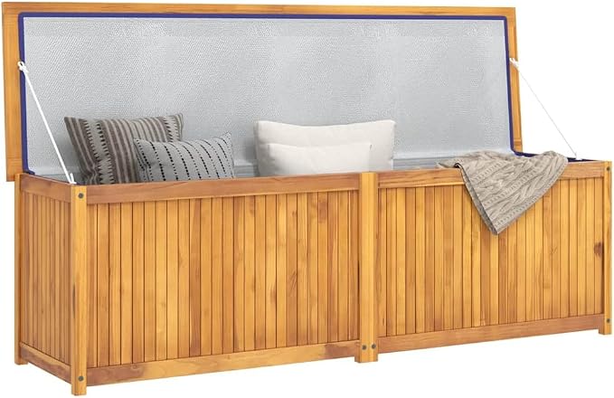 Solid Teak Wood Patio Storage Box with Easy Open Lid, Spacious Garden Chest for Tools and Cushions, Includes PE Bag