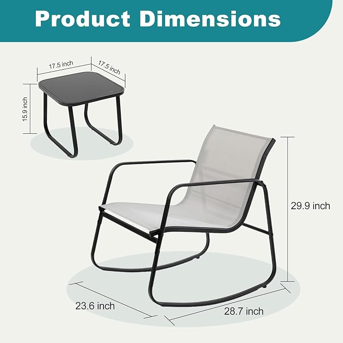 DUMOS 3 Piece Patio Rocking Furniture Set，Outdoor Patio Furniture Conversation Set with Table, Patio Sectional Bistro Sets for Lawn, Garden, Balcony, Poolside (Gray)