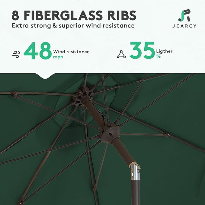 JEAREY 9FT Outdoor Patio Umbrella,Market Table Umbrella with 8 Fiberglass Ribs, Pool Umbrella with Tilt and Crank, UV Protection Lightweight & Wind-Resistant for Lawn, Garden, Deck and Backyard, Dark Green