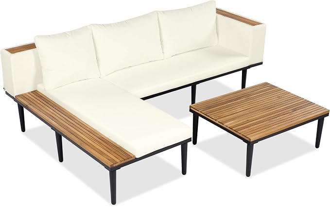 JIVOIT Acacia Wood Patio Furniture Set, Luxury Outdoor Conversation Sectional Sofa with Removable Cushions and Coffee Table, Side Table, L-Shaped Sofa Set for Backyard, Porch (Beige/17)