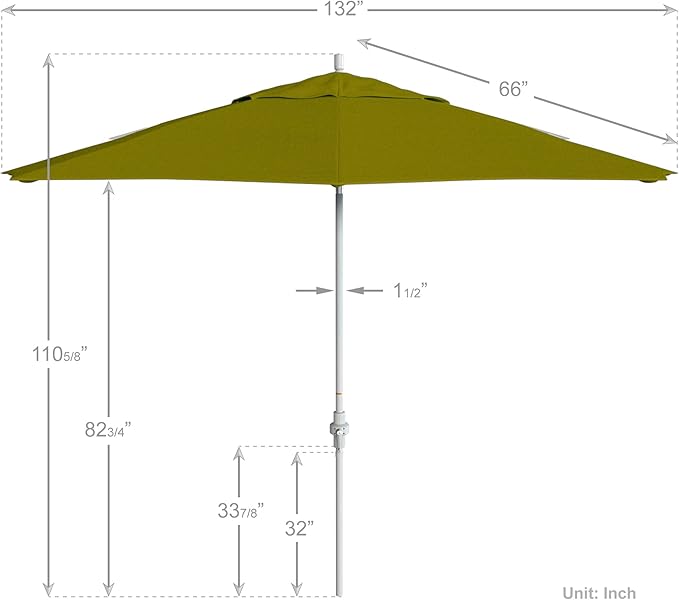 California Umbrella 11Ft Fiberglass Rib Patio Umbrella, Hand-Crank, Tilt-Collar, White Frame, Solution Dyed Kiwi Fabric
