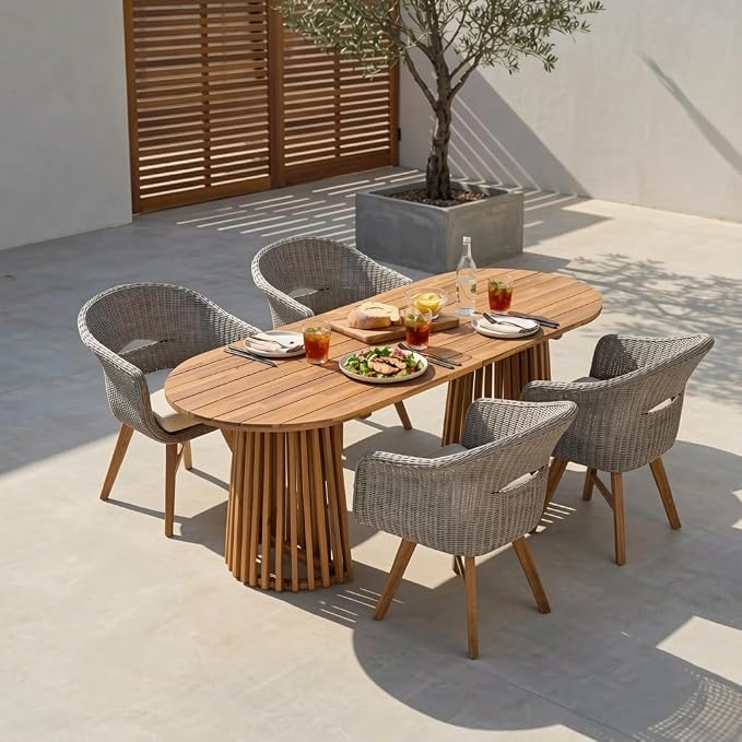 Christopher Knight Home Ambes 5 Piece Acacia Wood Outdoor Dining Set for 4, Patio Dining Table and Chair Set with Curved Rattan Backrest & Cushions, Outdoor Dining Table Set, Beige+Grey Ash+Brown
