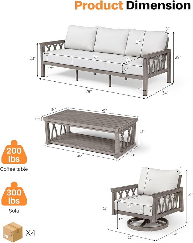 Aluminum Outdoor Patio Furniture Set, 4-Piece Patio Conversation Set with Cushions, All Weather Outdoor Sofa Set Patio Sectional Couch Set for Deck, Lawn, Poolside, Backyard, Limed Oak