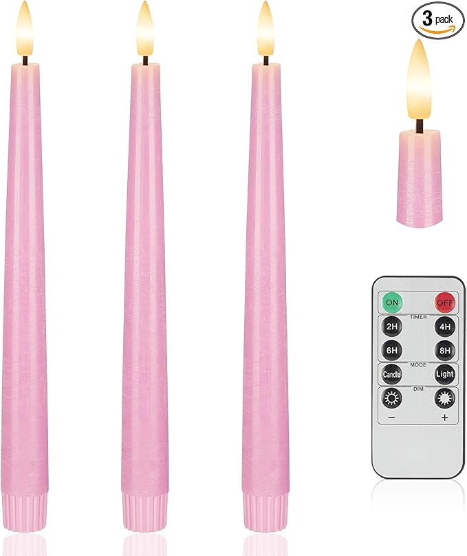 Pink Flameless Taper Candles, 9.6" Battery Operated Candles with Remote, Real Wax Led Candle, Flickering Flameless Candlesticks for Home Party Wedding Romantic Night Decor
