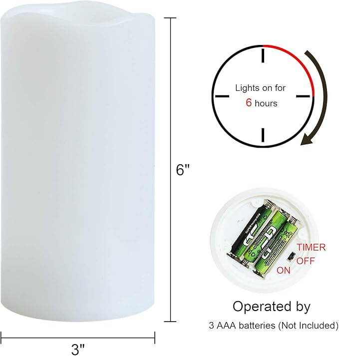 GenSwin 3” x 6 ” Outdoor Waterproof Flameless Pillar Candles with Timer, Battery Operated LED Flickering Warm Light for Outdoor Lantern, Set of 2
