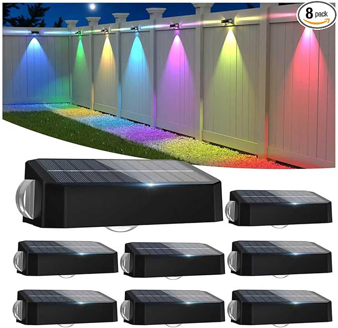 Solar Fence Lights Outdoor, 8 Pack 12 Mode RGB Color Changing & Warm/Cool White, Waterproof IP65 3-LED Dusk to Dawn Fence Lights Solar Powered for Wall, Railing, Patio, Step, Backyard, Outside