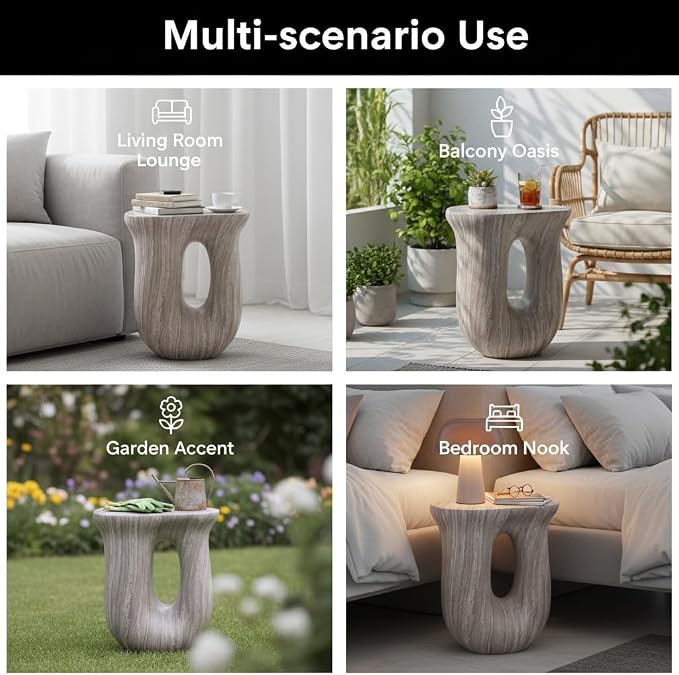 Merax 18.9" H Modern U-Shaped Accent Table, Sculptural Side Table for Garden, Balcony, Living Room, Entryway, Bedroom, Contemporary Organic Stone Side Table with Unique Veining, Gray Marble