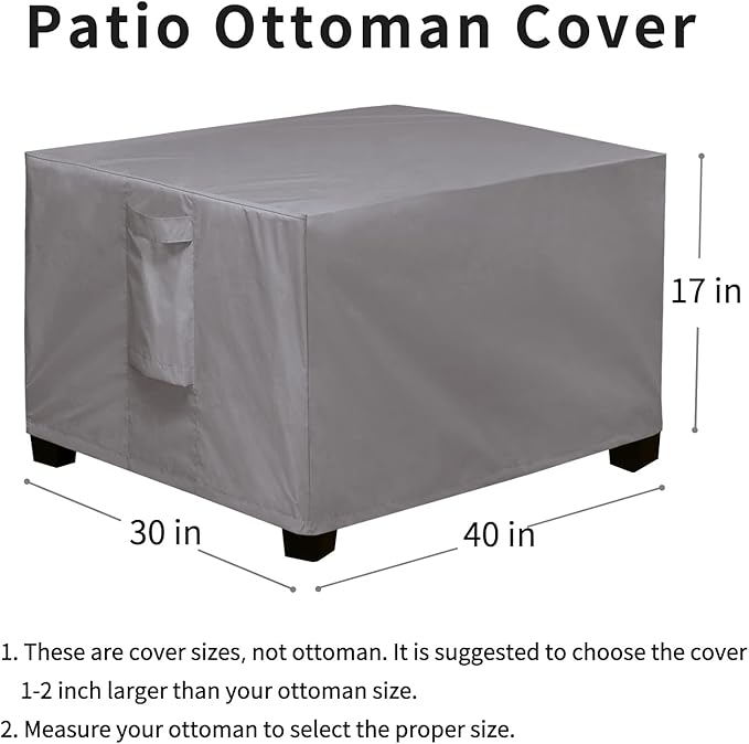 Easy-Going Rectangle Patio Ottoman Cover, Waterproof Outdoor Ottoman Cover, Fade Resistant Patio Side Table Cover, Durable Outdoor Furniture Covers with Sealed Seam (40"x30"x17", Grey)