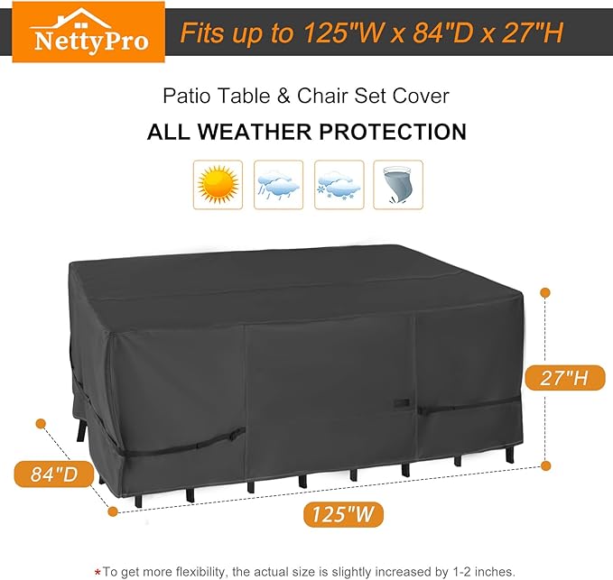NettyPro Patio Table Cover Rectangular 125 x 84 Inch, Waterproof Outdoor Furniture Set Covers for Dining Table and Chair Rectangle, Black