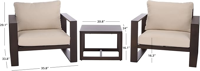 SAFAVIEH Outdoor Patio Furniture Collection – Fash Brown & Taupe Cushion 3-Piece Living Set, Modern Outdoor Chairs & Slatted Square Table (PAT7552B)