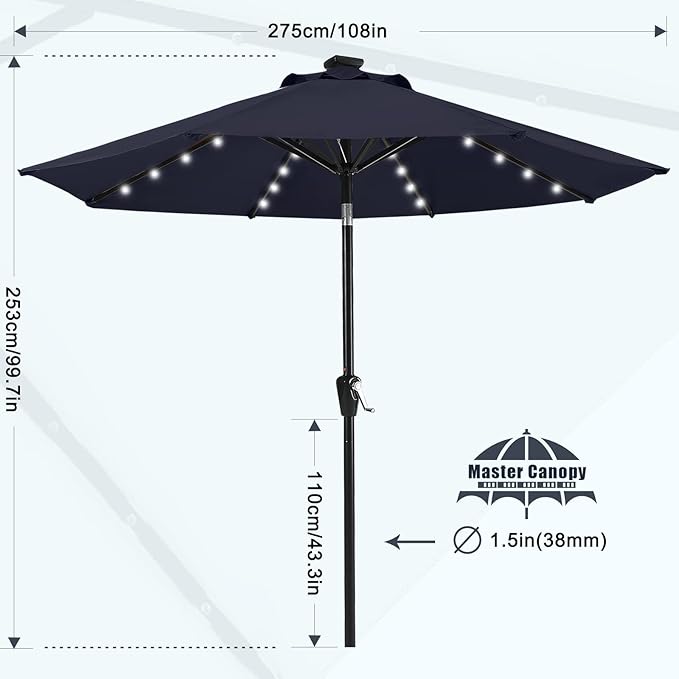 MASTERCANOPY 9FT 8Ribs Patio Umbrella with 32 Solar LED Lights, Outdoor Market Umbrella with Tilt & Crank, UV Protection & Fade Resistant Fabric, Easy Set-Up for Garden, Deck, Pool (Navy Blue)