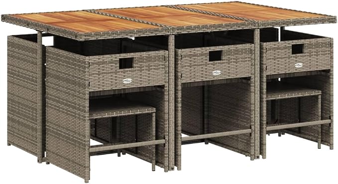 11 Piece Outdoor Patio Dining Set, Space-Saving Cube Garden Furniture with Acacia Wood Table, 6 Chairs and 4 Stools, Gray Poly Rattan