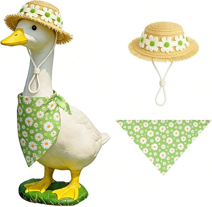 Daisy Porch Goose Outfits–2Pcs Cute Spring Goose Costumes for Porch Goose with Daisy Print Bib & Hat, Fit 23 Inch, Spring Summer Goose Decor for Garden Yard Patio