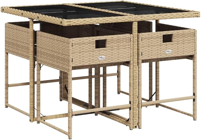 5 Piece Patio Dining Set with Cushions Beige Poly Rattan Outdoor Table and Chairs for Garden Backyard Relaxing, UV-Proof Foldable Space-Saving Tempered Glass Top, 242.5 lb Load Capacity Per Seat