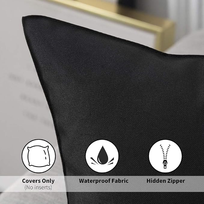 MIULEE Decorative Outdoor Waterproof Pillow Covers 24x24 Black | Decorative Patio Furniture,Pack of 2,Accent Square Euro Soild Throw Pillow Covers,Summer Garden Tent Couch Sofa