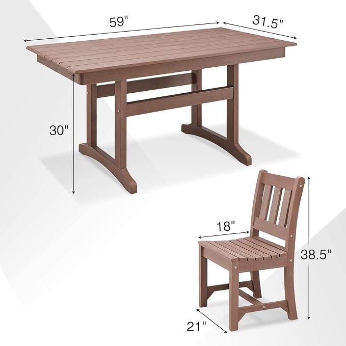 Psilvam 7-Piece Patio Dining Set, Poly Lumber Outdoor Table and Chairs, 6-Person Weather Resistant Farmhouse Dining Set with 59" Rectangular Table & 6 Chairs, Patio Furniture for Garden Backyard,Brown