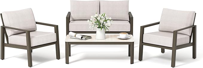 HAPPATIO Patio Conversation Set, 4-Piece Aluminum Oversized Patio Furniture Set with Rope Woven Backrest, 2 Chairs and Loveseat with Thick Cushion, Hand-Brushed Frame for Yard, Porch, Balcony
