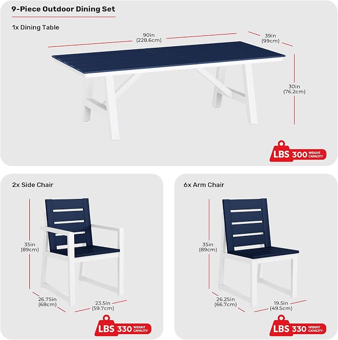 Costaelm Stinson 9-Piece Outdoor HDPE Patio Dining Table Set with Umbrella Hole & Dining Chairs for 8, Navy Blue