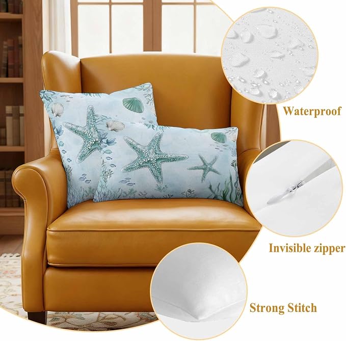 Coastal Starfish Waterproof Outdoor Pillow Covers Set of 2 Home Decor, Nautical Coral Tropical Fish Seashells Pillowcase Patio Pillow Covers for Couch Bench Furniture Garden 24x24in