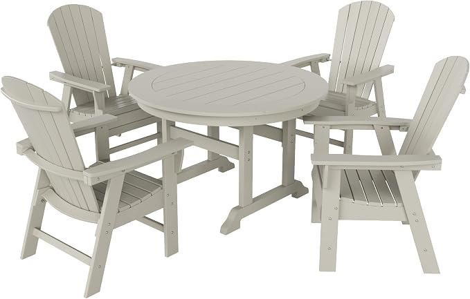 WestinTrends Dylan Adirondack Outdoor Dining Set for 4, All Weather Poly Lumber Patio Table and Chairs Set of 4, 47" Trestle Round Dining Table and Seashell Adirondack Dining Chair, Sand