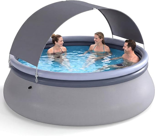 Goplus Inflatable Pool with Canopy, Large Round Above Ground Swimming Pool w/ 2 Air Chambers, Repair Patch, Top Ring Blow Up Pools for Backyard, Lawn, Garden (94.5” x 55.5”)