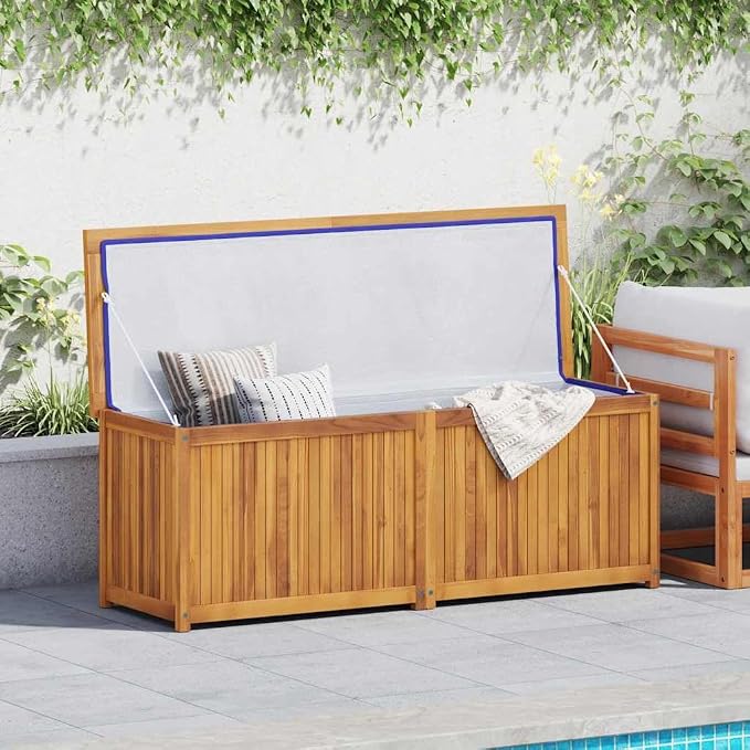 Solid Teak Wood Garden Storage Box, Large Rectangular Deck Box for Patio, Backyard, Garage, 59.1 x 19.7 x 21.7 Inch Outdoor Organizer Bin
