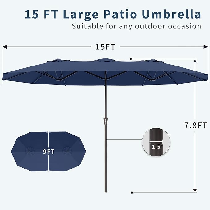 PatioKingdom 15FT Large Patio Umbrella with Base, Double Sided Rectangular Outdoor Umbrella with Sturdy Fiberglass Ribs, Market Umbrella for Pool,Garden,Backyard,Deck (Navy, 15FT)