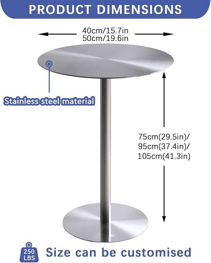 Stainless Steel Bar Table Leisure Table Round Kitchen Dining Table StylishSofa Side Tables for Garden Outdoor Patio Bistro Cafe Reception Area, High Table Desk with Metal Base ( Size : 40x40x95cm )