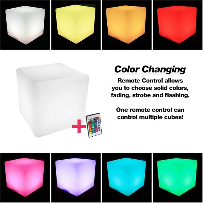 Vandue LED Cube Light | Rechargeable 16 Color Changing Light Up Stool, Ottoman, & Side Table | Indoor/Outdoor Waterproof Mood Lighting for Party, Wedding & Patio (8")