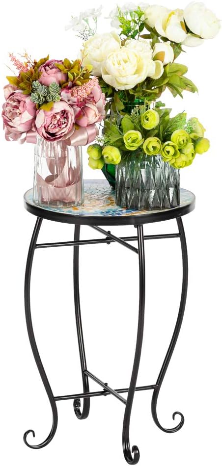 Mosaic Patio Table,Outdoor Side Table,14inch Accent Table Plant Stand Decor, Small Vintage Outdoor End Table with Stained Glass Mosaic & Iron Frame for Patio Garden Balcony Poolside (Sun)