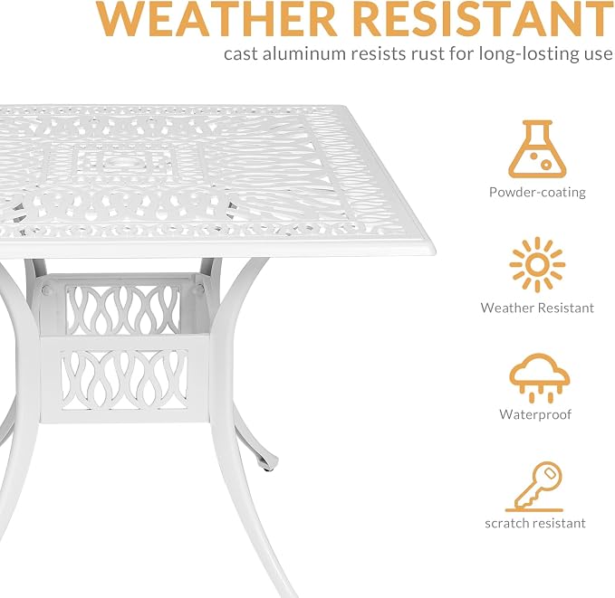 5-Piece Outdoor Patio Dining Set, All-Weather Cast Aluminum Patio Furniture Set with 4 Chairs and 35.4" Square Table for Backyard Garden Deck, 2" Umbrella Hole, White
