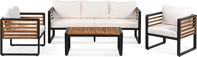 SOFTSEA 4-Piece Patio Acacia Wood Sofa Set, Outdoor Conversation Set with Heavy Duty Metal Frame & All Weather Cushions, Acacia Wood Sofa Set with Coffee Table for Balcony, Poolside, Beige