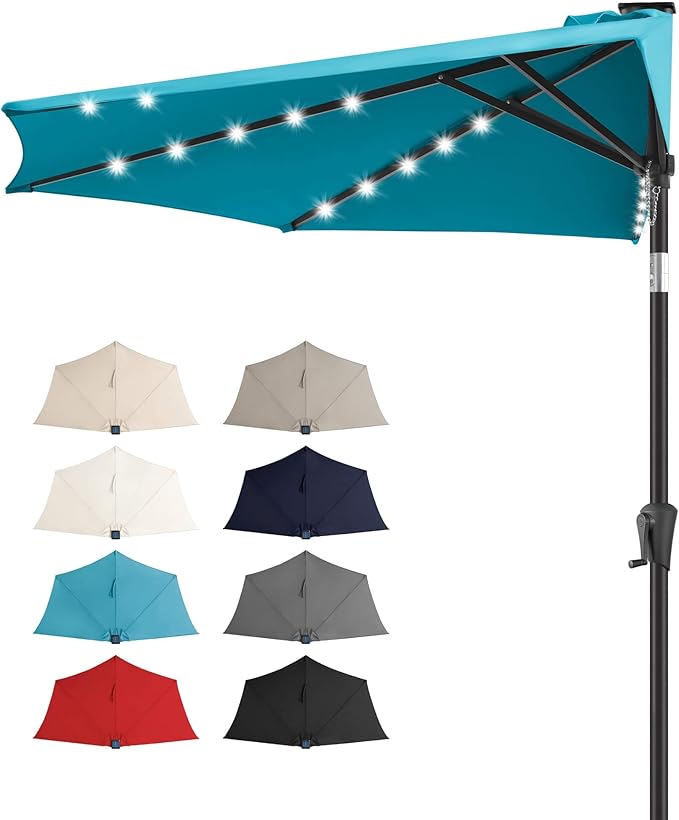 FLAME&SHADE 9 FT Solar Half Patio Umbrella with 25 LED Lights, Half Outdoor Umbrella with Button Tilt, Half Round Table Umbrella For Deck, Backyard, Balconies, Decks, Rvs, UV Protection (Aqua Blue)