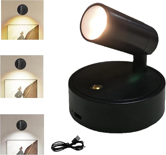 Spot Lights Indoor, Rechargeable Plant Spotlight Indoor, 360° Rotate Wireless LED Uplighting, Battery Powered Ceiling Spotlight for Artwork Painting Tree Plant Picture Lights Wall Light (Black)