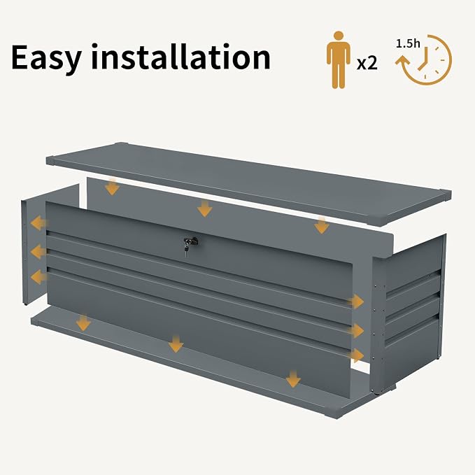 260 Gallon Metal Outdoor Deck Box Waterproof, Extra Large Patio Storage Box with Lockable Storage Containers for Patio Furniture Cushions, Pool Accessories, Garden Tools Dark Gray