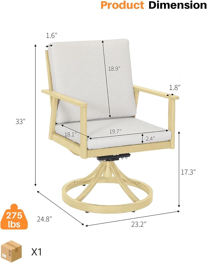 Patio Dining Set of 2, Never-Rust Aluminum Outdoor Swivel Patio Dining Chairs Patio Swivel Chairs with Cushions, Patio Dining Furniture Chairs for Decks, Garden, Poolside, Maple Wood